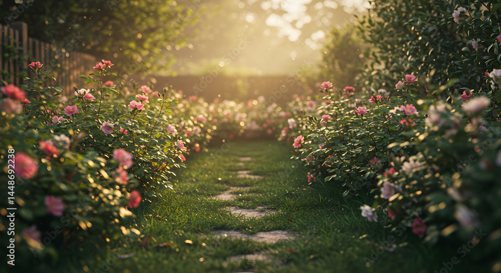 Obraz premium Enchanting Rose Garden Path Illuminated by Golden Sunlight in Picturesque Setting