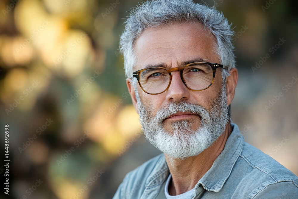 Middle aged man with gray hair and beard poses confidently outdoors in natural light