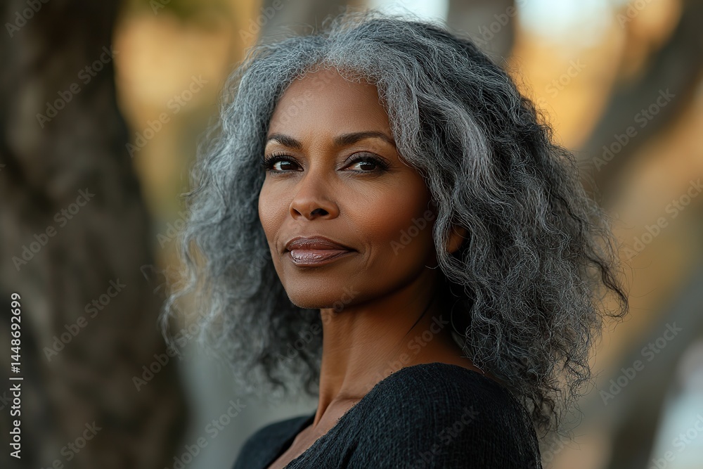 Middle aged black woman with gray hair stands confidently against a serene outdoor backdrop