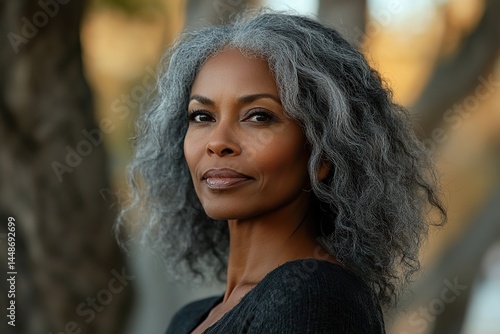 Obraz na płótnie Middle aged black woman with gray hair stands confidently against a serene outdoor backdrop w salonie