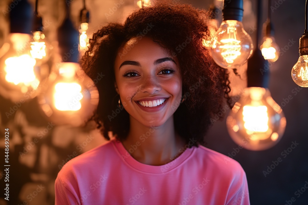 A woman in a white shirt smiles joyfully, illuminated by warm light bulbs in the evening.