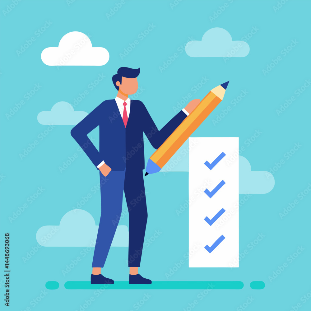 Businessman Completing Checklist with Giant Pencil – Task Management and Productivity Concept Illustration Businessman Completing Checklist with Giant Pencil – Task Management and Productivity Concept Illustration