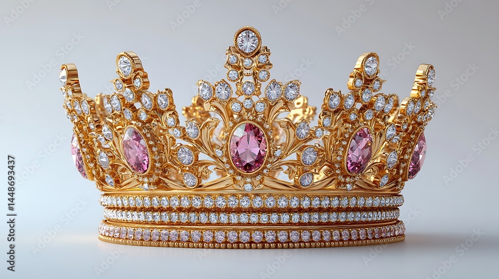 Fototapeta premium Exquisite Gold Crown Adorned With Diamonds And Pink Gemstones High Resolution Photo