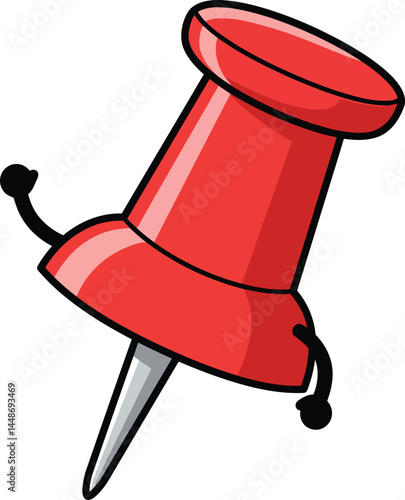 Red push pin with arms cartoon style vector illustration for office and stationery use