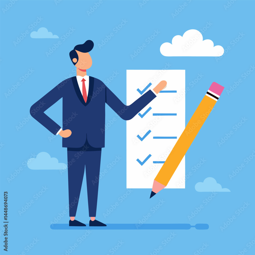 Businessman Completing Checklist with Giant Pencil – Task Management and Productivity Concept Illustration Businessman Completing Checklist with Giant Pencil – Task Management and Productivity Concept Illustration