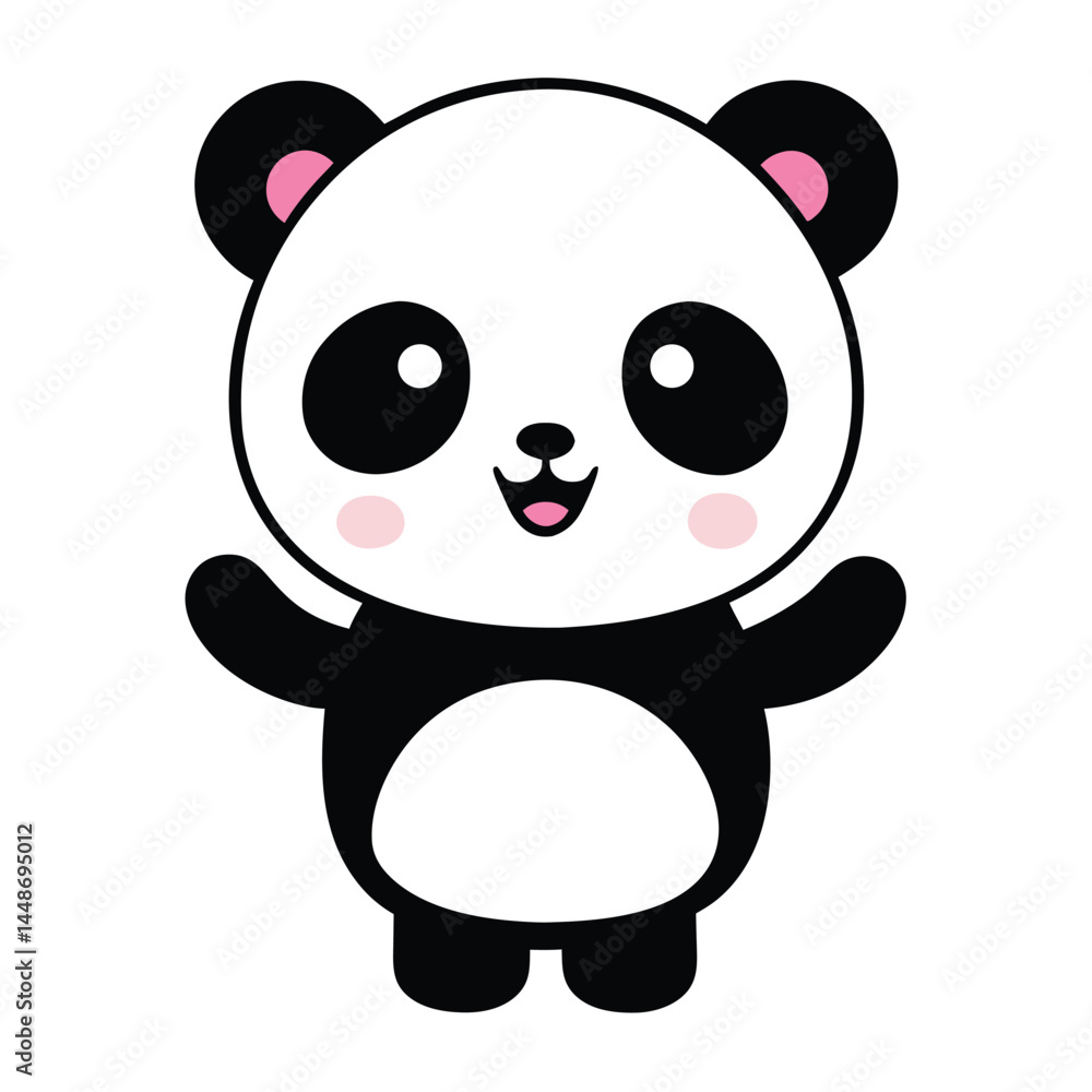 Naklejka premium cute cartoon panda, adorable panda bear, simple black and white panda character, endearing panda illustration, minimalistic panda design, kawaii panda icon, playful panda mascot, soft panda plush toy,