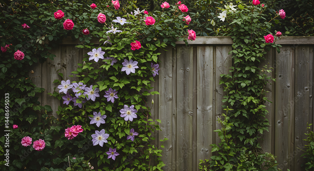Fototapeta premium Charming Garden Fence Adorned With Climbing Roses and Clematis Blooming Gracefully