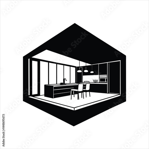 Modern Living Space Vector Silhouette of Open Kitchen Design