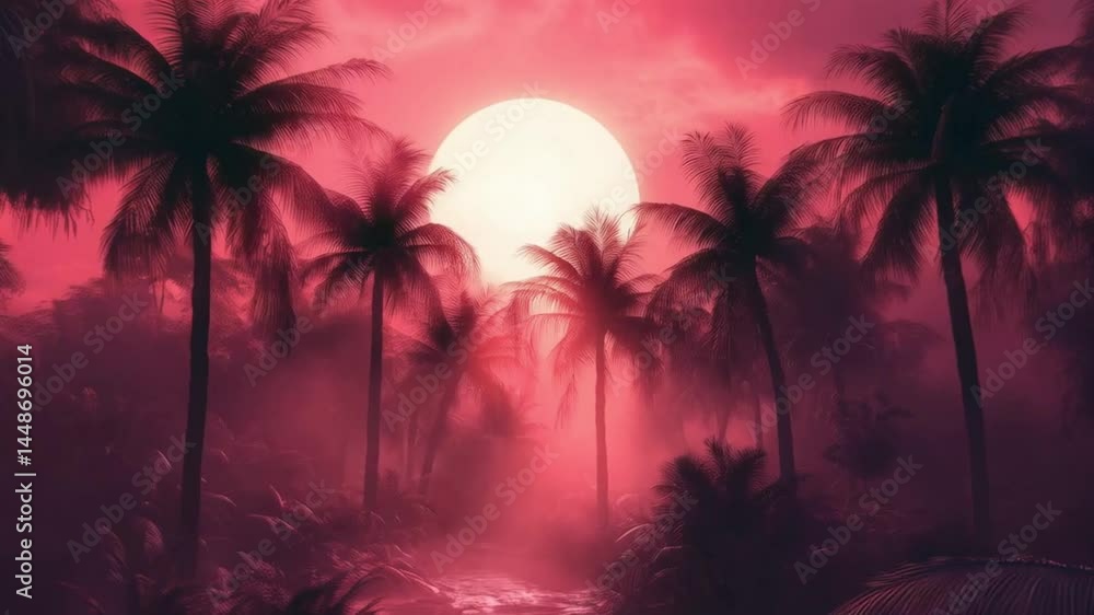 Tropical sunset illuminates silhouetted palm trees over serene water reflections.
Tropical sunset illuminates silhouetted palm trees over serene water reflections.
