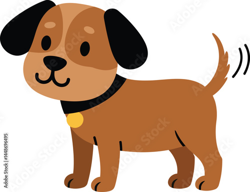 Cute brown dog with wagging tail standing wearing black collar simple vector illustration 