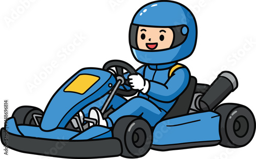 Child driving blue go kart racing vehicle with helmet and gloves vector illustration 