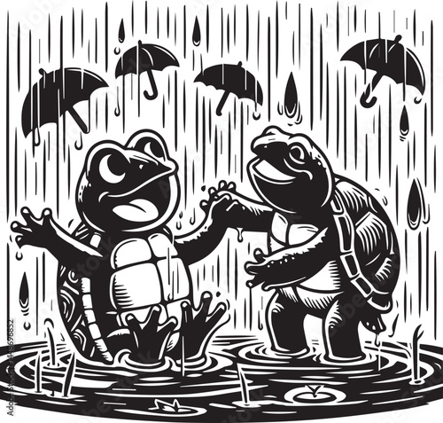 Cute Turtle and Frog Sharing an Umbrella in the Rain. A whimsical black and white illustration of a turtle and a frog enjoying a rainy day.