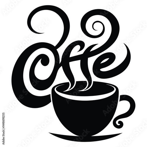 Stylized coffee cup logo, black and white illustration, curling steam, typography art, minimalist design, swirling lines, calligraphic coffee text, bold graphic, negative space, silhouette, 