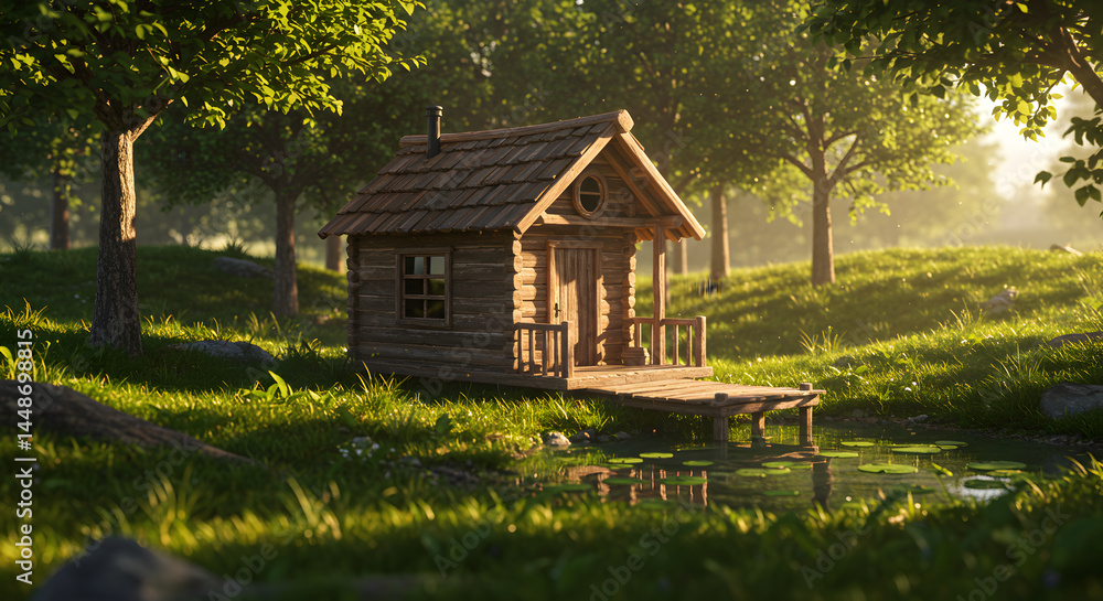 Fototapeta premium Enchanting Cabin Retreat Nestled Amidst Forest Tranquility and Pond Reflections