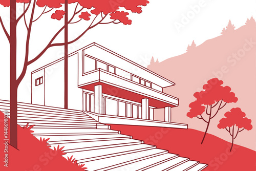 46 Minimalist architecture, white terraced structure, vivid red trees, misty mountainside, geometric steps, ethereal atmosphere, high contrast, abstract landscape, surreal environment, Japanese garden