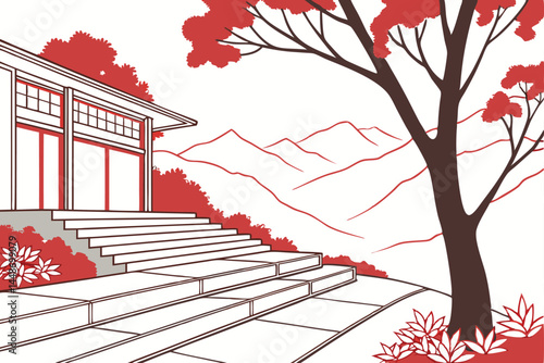 46 Minimalist architecture, white terraced structure, vivid red trees, misty mountainside, geometric steps, ethereal atmosphere, high contrast, abstract landscape, surreal environment, Japanese garden