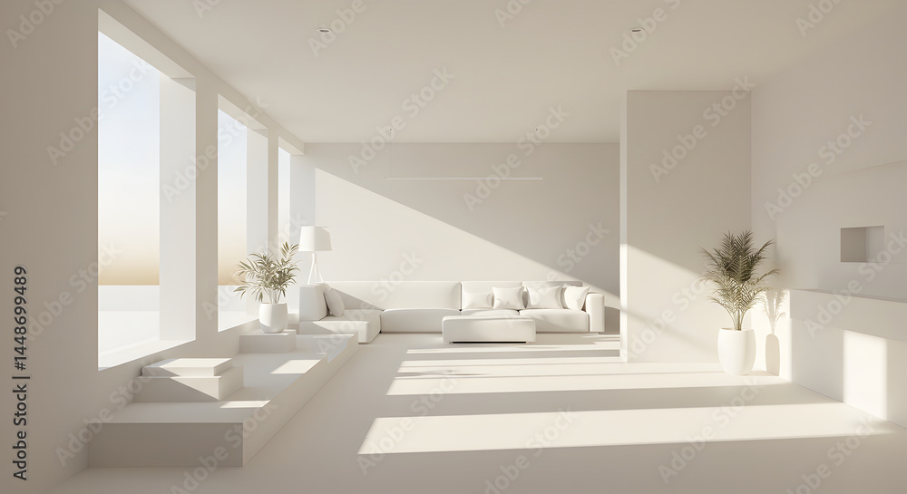 Minimalist Interior With Large Windows Bathed In Sunlight And Modern Design Minimalist Interior With Large Windows Bathed In Sunlight And Modern Design