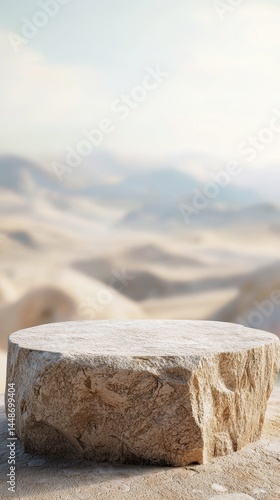 a stone on a table with a landscape of mountains in the background 