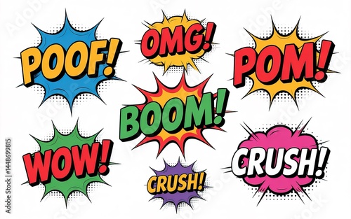 Collection of Colorful Comic Speech Bubbles with Cartoonish Explosion Effects