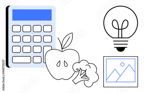 Calculator, produce, light bulb, and picture frame symbolizing education, creativity, health, sustainability, and innovation. Ideal for learning wellness brainstorming eco-living planning