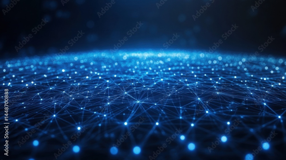 Abstract blue network background with glowing nodes and connections representing technology innovation communication and data transfer in a modern design
