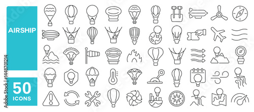 Set of 50 line icons related to airship, air balloon, passenger, parachute, lifting, zeppelin, fly, aerostat, balloon, Editable stroke. Vector illustration