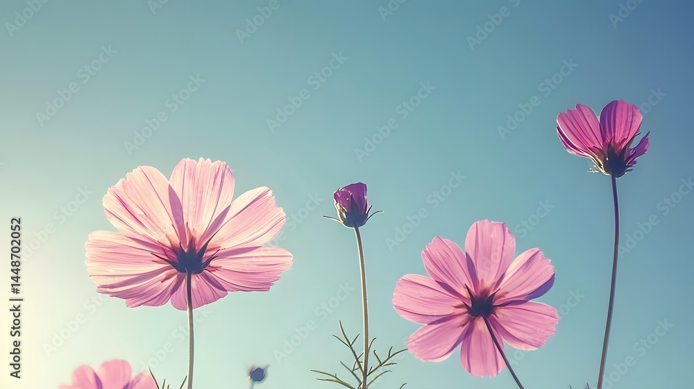 Fototapeta premium Pastel Pink Cosmos Flowers Blooming Under a Clear Sky