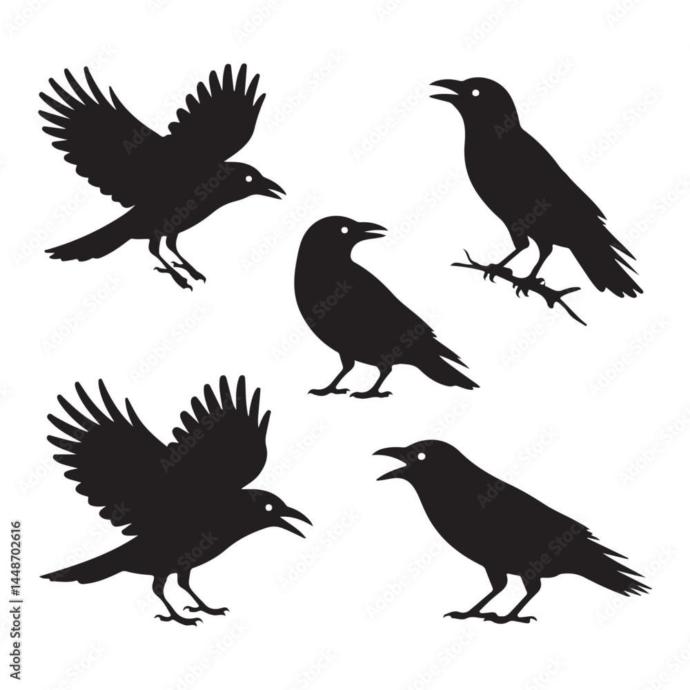 Vector Set of Black Silhouette Crow Birds — Flying, Perched, Standing, and Calling Poses
Vector Set of Black Silhouette Crow Birds — Flying, Perched, Standing, and Calling Poses