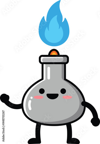 Cute cartoon laboratory burner with blue flame smiling and waving vector illustration for science and education designs 