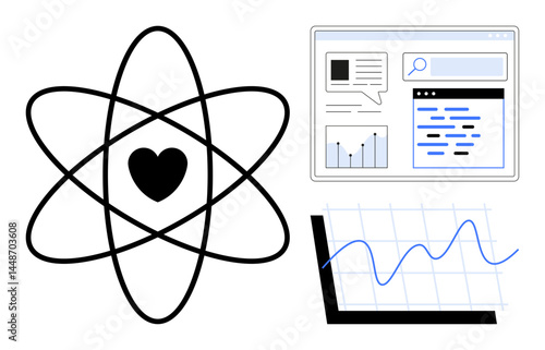 Atom with heart at center, data dashboard, and graph chart. Ideal for science, analytics, research, education, technology, user interface simple landing page