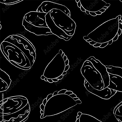 seamless vector pattern of white chalk outline ukrainian syrniki varenyky black background, repeating design cheese pancakes and dumplings, traditional cuisine