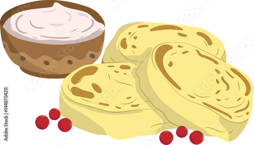 ukrainian syrniki cheese pancakes vector illustration with sour cream and cranberries, simple traditional breakfast dessert, isolated on white background
