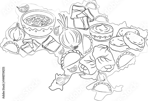 ukraine map traditional food line art vector illustration outline  national dishes borscht varenyky holubtsi syrniki salo garlic onion culinary travel concept