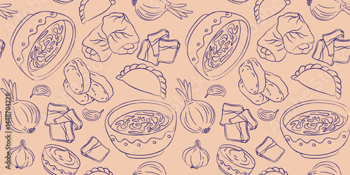 seamless vector pattern ukrainian food outline on light beige background, design borscht, varenyky, holubtsi, salo, garlic, onion, traditional cuisine, blue pen