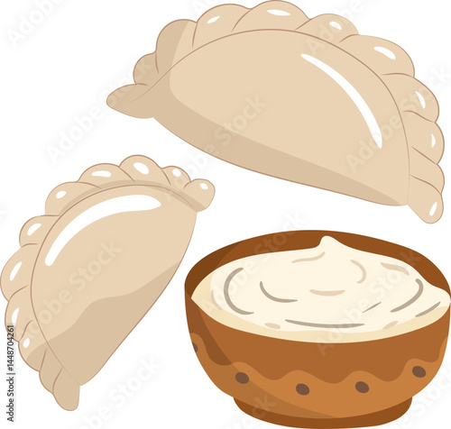 ukrainian varenyky dumplings vector illustration with sour cream, traditional savory dish, isolated on white background, national cuisine elements
