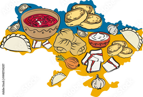 ukraine map traditional food vector illustration national flag colors, borscht, varenyky, holubtsi, syrniki, salo, culinary travel concept