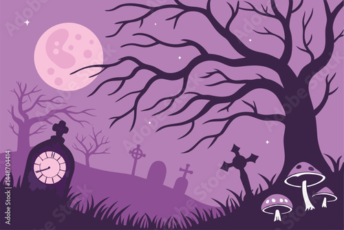 50 Dark fantasy landscape, eerie purple sky, glowing pink moon, twisted dead trees, floating orbs with clocks, surreal graveyard, glowing mushrooms, misty atmosphere, silhouetted tombstones, ethereal 