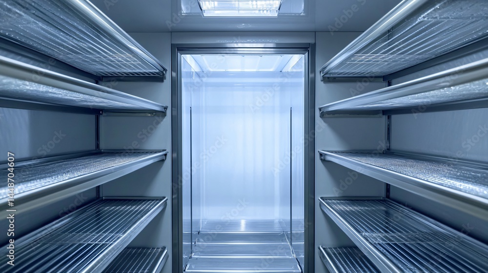 Obraz premium Clean and Organized Empty Shelves Inside Freezer Unit for Commercial Use