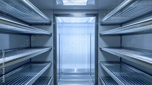 Clean and Organized Empty Shelves Inside Freezer Unit for Commercial Use
