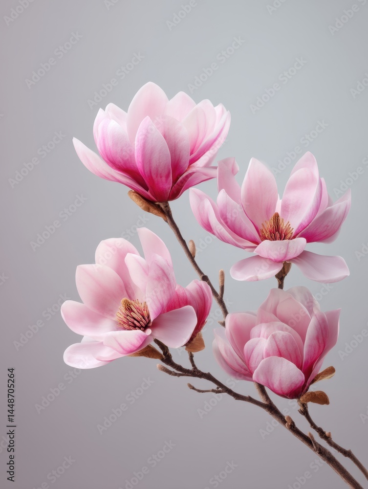 Obraz premium Captivating magnolia blossom branch against a soft gray backdrop delicate petals and intricate details showcasing nature's beauty in a serene and elegant composition