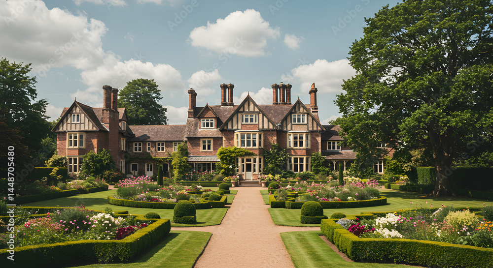 Fototapeta premium Magnificent Manor House Displaying Formal Garden And Picturesque Landscape