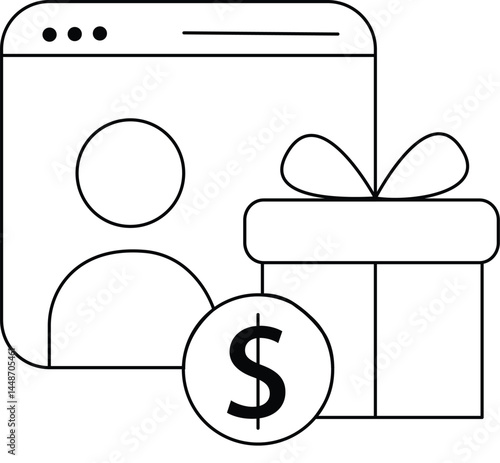 Web browser interface with gift and currency icon representing online reward system cashback offer referral bonus or promotional incentive program for users and customers