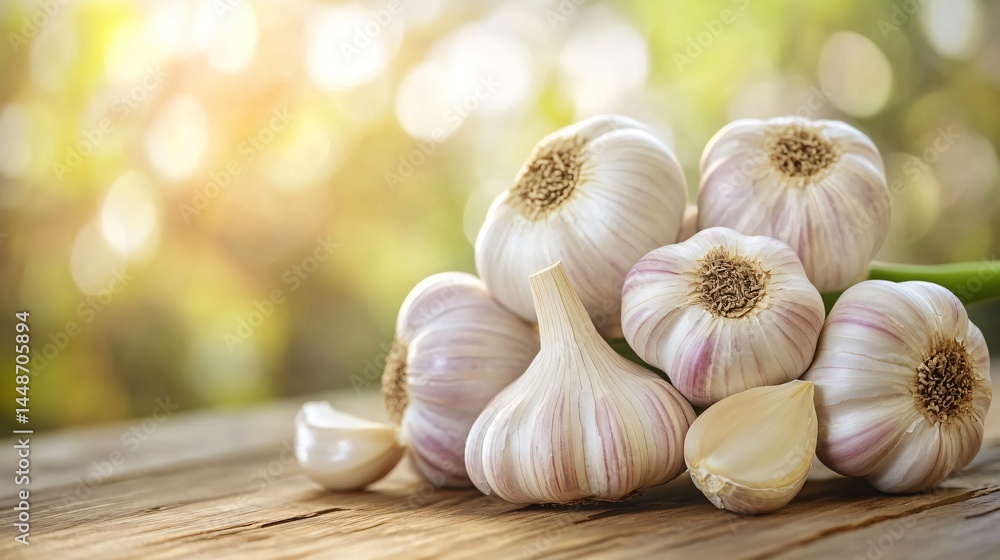 Fresh Garlic Bulbs Arranged on Wooden Surface - Culinary Ingredient Photography Fresh Garlic Bulbs Arranged on Wooden Surface - Culinary Ingredient Photography