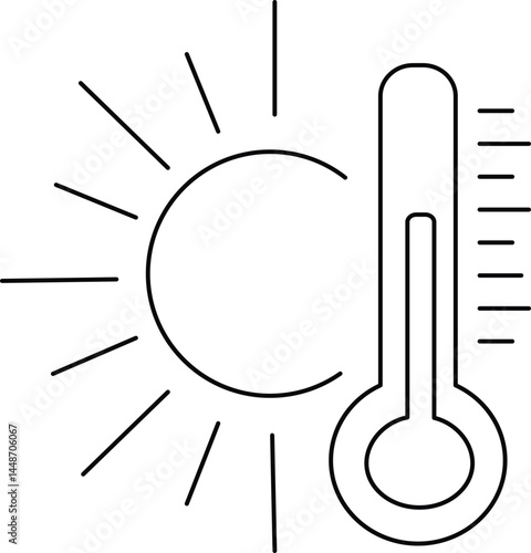 Sun with radiant heat lines and thermometer icon representing global temperature rise environmental emergency summer heatwave and dangerous climate fluctuations