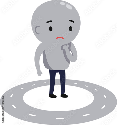 Thoughtful gray character standing on circular road with uncertain expression vector illustration 