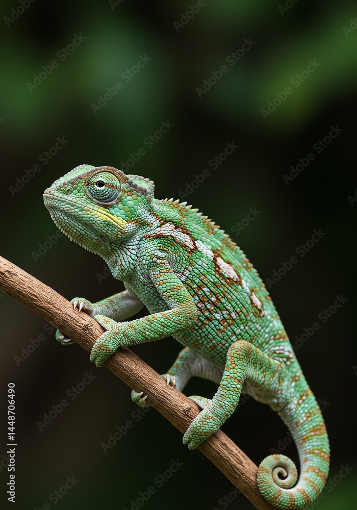 Vibrant Green Chameleon on Branch: A Close-Up Portrait Vibrant Green Chameleon on Branch: A Close-Up Portrait