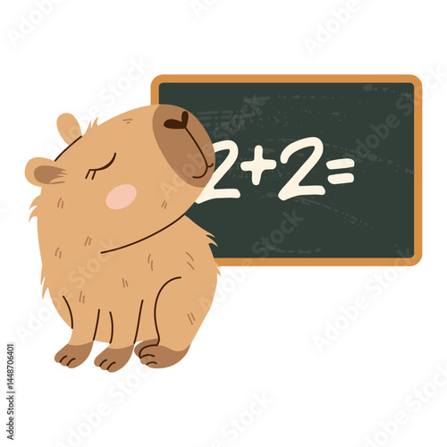 Cute capybara near a chalkboard with a simple math example. Flat hand-drawn style, warm tones, transparent background. Great for school-themed designs, educational materials, and stickers.