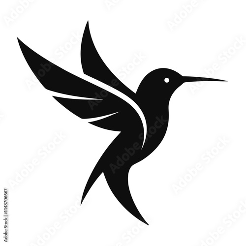 Minimalist hummingbird silhouette, black and white graphic design, stylized bird icon, sleek geometric shapes, sharp contrasting edges, simplified wing details, elongated beak, dynamic flying pose