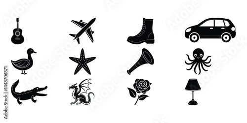 Collection of Diverse Icons Music, Travel, Animals, and More