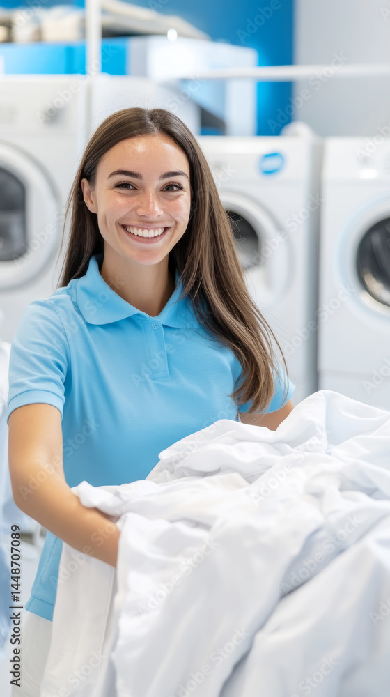 Happy customer collecting freshly laundered clothes at laundry service for a bright day Happy customer collecting freshly laundered clothes at laundry service for a bright day